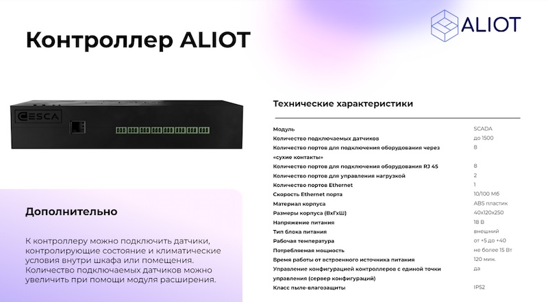 Характеристики контроллера платформы ALIOT