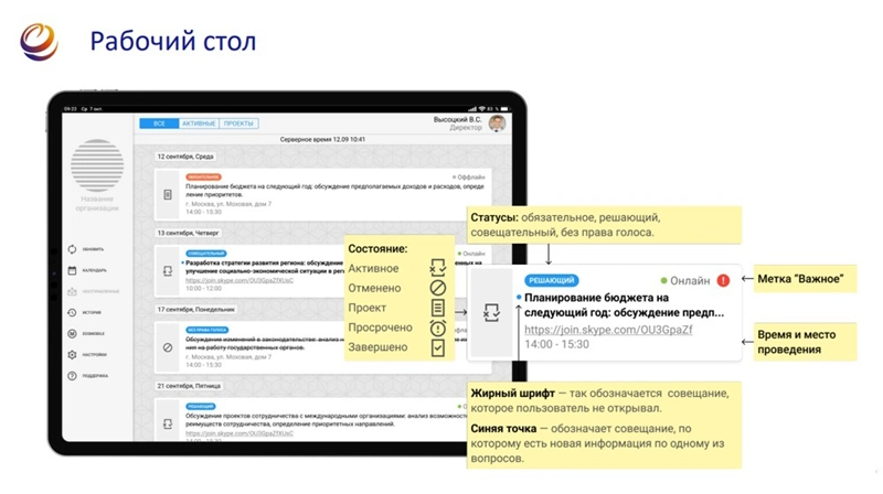 Список совещаний в приложении «ЭОС Совещания»