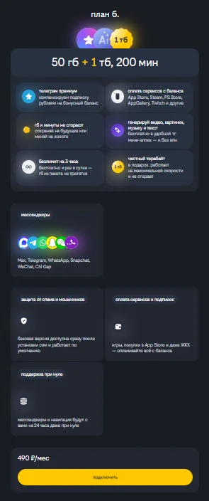 Картинка с ключевыми особенностями тарифа появляется после выбора тарифа