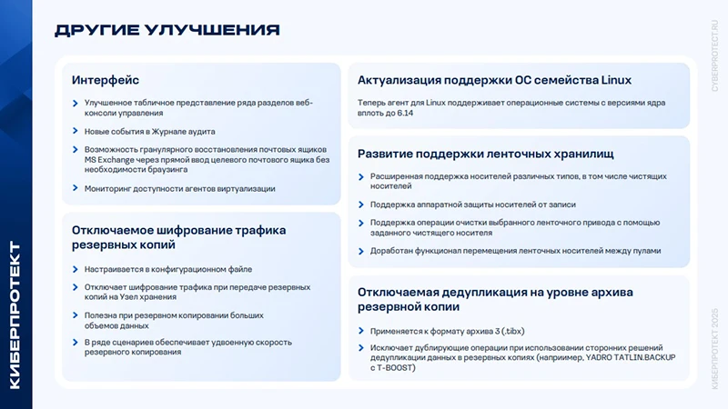 Другие улучшения Кибер Бэкап 18.0