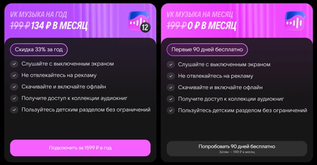 Краткое описание тарифов &laquo;VK Музыка на год&raquo; и &laquo;VK Музыка на месяц&raquo;
