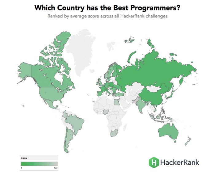 Индекс качества разработчиков в мире. Источник: HackerRank